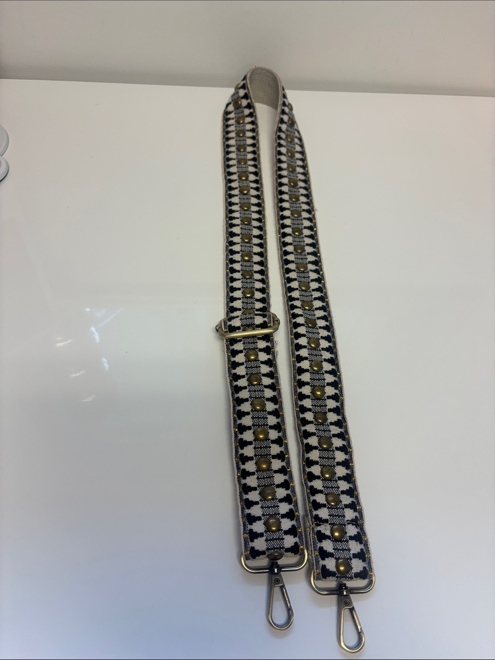 Joy Susan Houndstooth Studded Guitar Purse Strap Black White Gold Adjustable